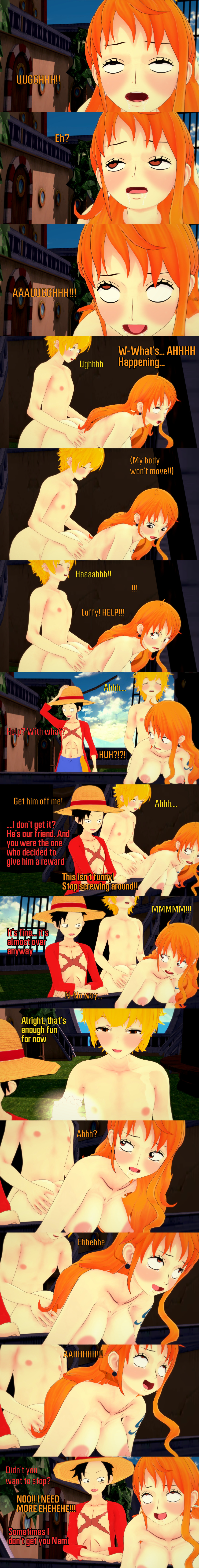 3d absurdres altered_common_sense awakening black_hair blonde_hair body_control breasts brown_eyes dialogue english_text eye_roll femsub long_hair maledom malesub monkey_d._luffy multiple_subs nami_(one_piece) nipples nude one_piece open_shirt orange_eyes orange_hair reality_stone ren_(reality_stone) scar sex short_hair tears text trance_break vaginal zenin1