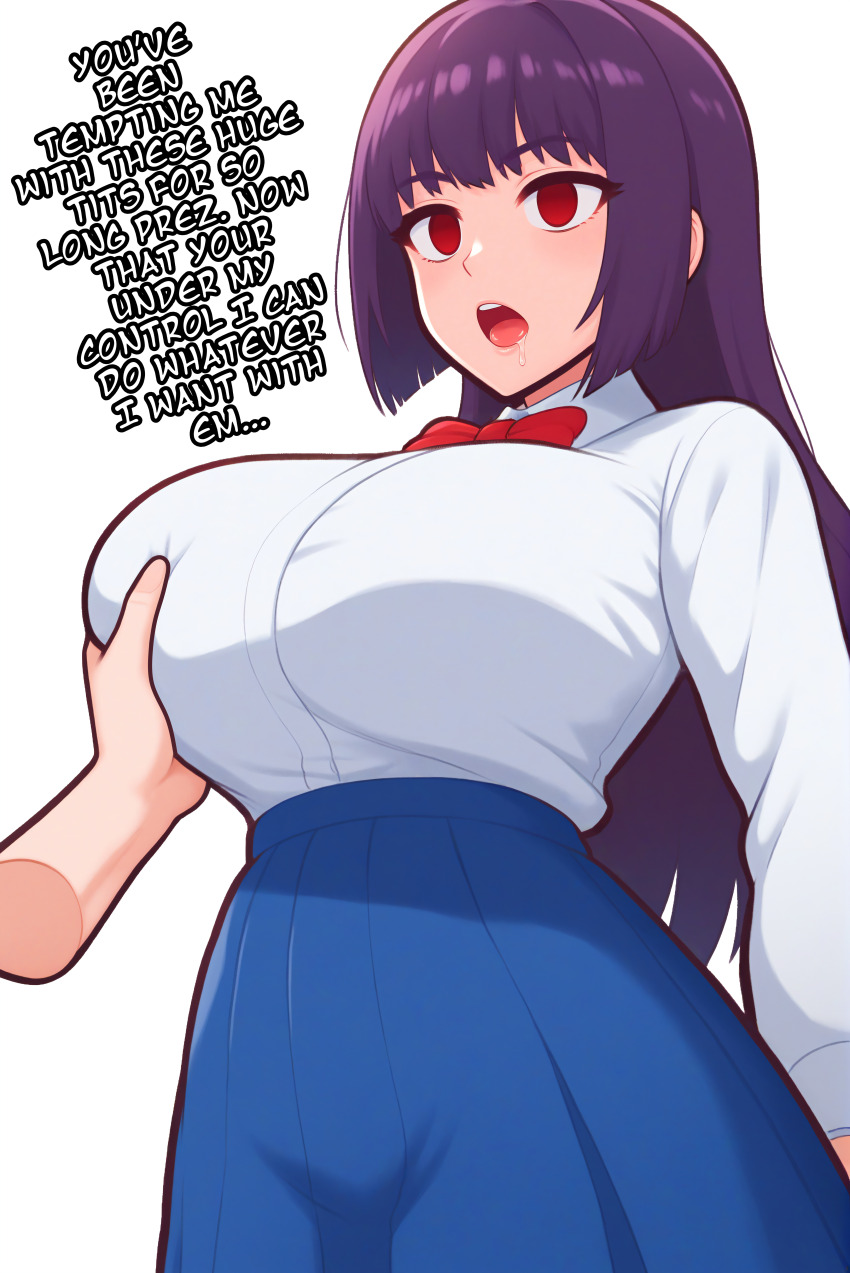 ai_art bow_tie drool empty_eyes expressionless female_only femsub groping huge_breasts ijiranaide_nagatoro-san long_hair maledom manip minimimic_(generator) minimimic_(manipper) open_mouth purple_hair red_eyes sana_sunomiya school_uniform simple_background skirt stable_diffusion_(ai) text white_background