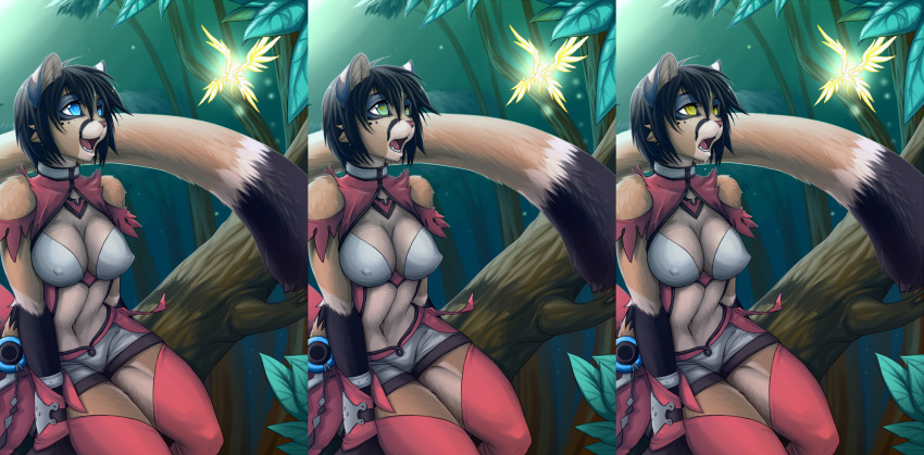 aiyoko before_and_after black_hair blue_eyes breasts cat_girl comic dazed drool empty_eyes fairy female_only femsub furry greasyi_(manipper) hypnotic_light large_breasts manip open_mouth short_hair short_shorts smile solo thighhighs yellow_eyes