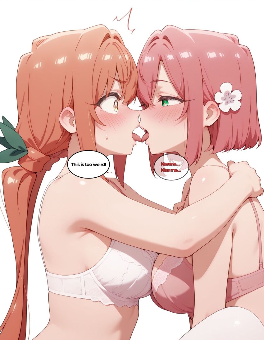 ai_art blonde_hair blush bra dialogue empty_eyes femdom femsub hakari_hanazono karane_inda kissing panties pink_hair text the_100_girlfriends_who_really,_really,_really,_really,_really_love_you twintails yuri