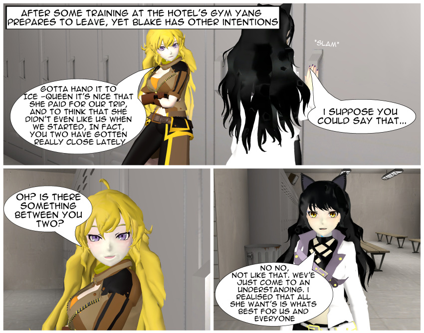 3d absurdres blake_belladonna collar comic female_only hypnotic_accessory multiple_girls rwby tech_control tepmarmy text yang_xiao_long