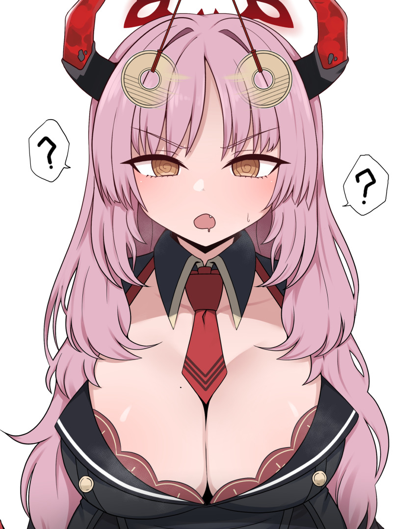 absurdres blue_archive blush breasts cleavage coin confused fangs female_only femsub halo hollyeung horns huge_breasts long_hair mole open_mouth pendulum pink_hair satsuki_(blue_archive) simple_background solo spiral_eyes symbol_in_eyes tie white_background yellow_eyes
