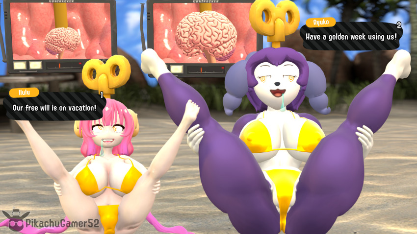 3d ayuko_(jcroth) barefoot bikini brain dragon_girl drool feet female_only femsub furry goat_girl gold golden_swimsuit horns indeedee iruru_(miss_kobayashi's_dragon_maid) miss_kobayashi's_dragon_maid nintendo open_mouth original pikachugamer52 pokemon pokemon_(creature) presenting purple_hair short_hair source_filmmaker spiral spiral_eyes spread_legs swimsuit symbol_in_eyes text wind-up_key