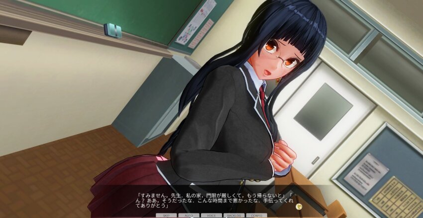 3d blackboard breasts custom_maid_3d_2 dialogue glasses kamen_writer_mc large_breasts teacher text translated