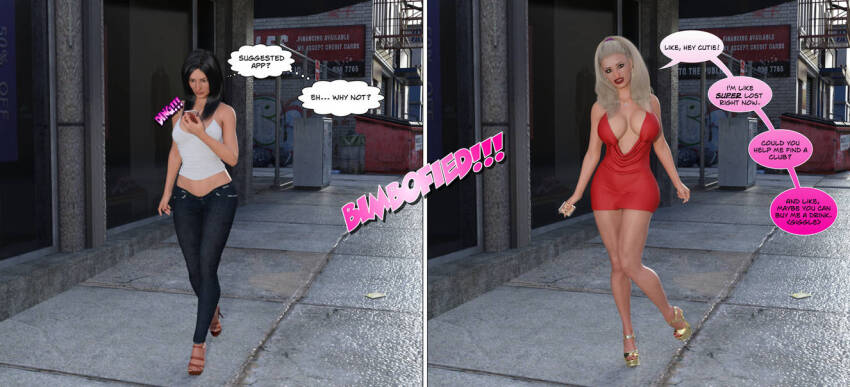 3d before_and_after bimbofication black_hair blonde_hair brain_drain breast_expansion breasts brooke_(findingmywayforever) cleavage comic female_only femsub happy_trance high_heels large_breasts mcrocks original smile tech_control text transformation
