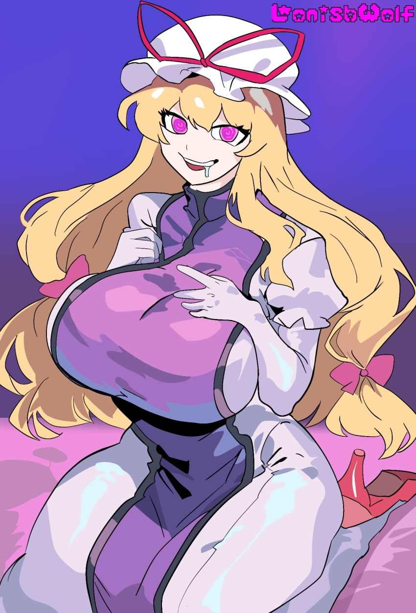 aphrodisiac bed blonde_hair clothed dazed drool female_only femsub gloves gradient_background high_heels huge_breasts kneeling long_hair lonishwolf looking_at_viewer opera_gloves pink_eyes signature simple_background sitting smile solo spiral_eyes symbol_in_eyes tagme touhou yukari_yakumo