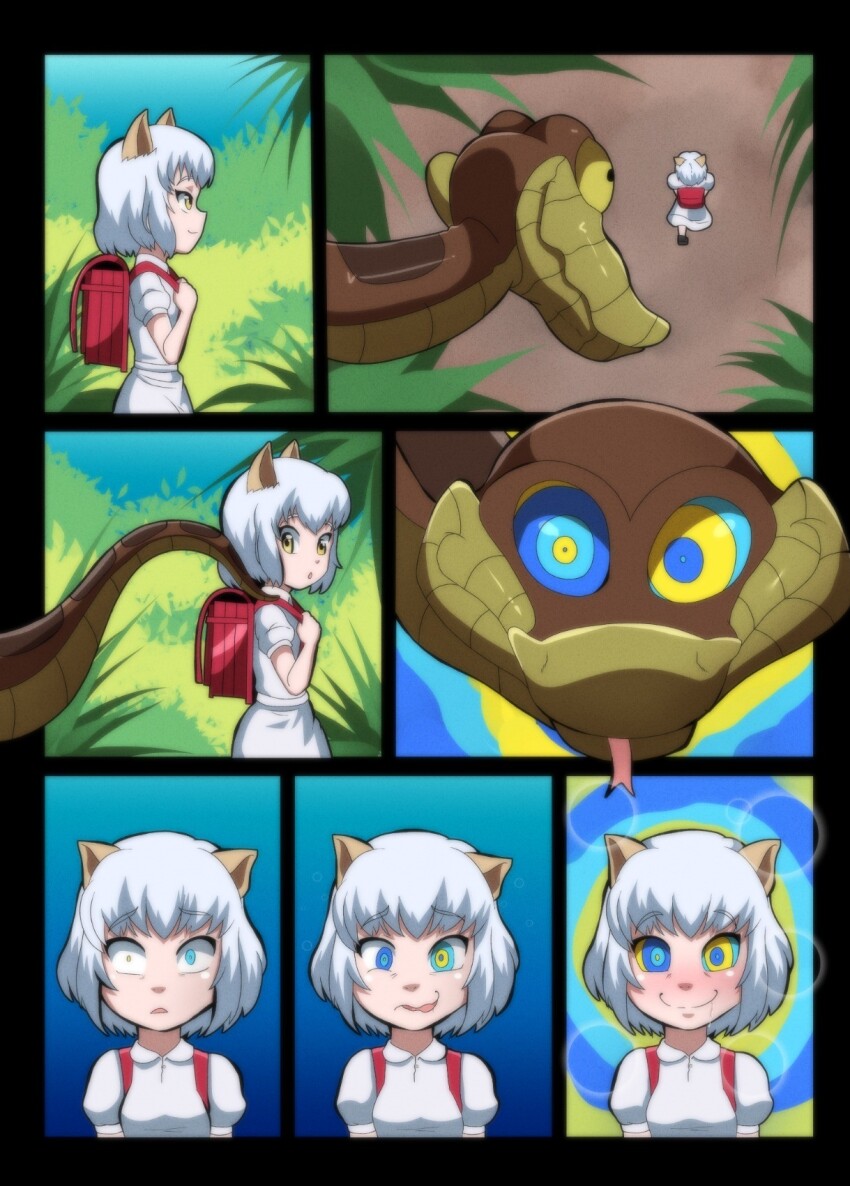 backpack blush cat_girl comic disney drool femsub happy_trance kaa kaa_eyes loli loquillo maledom ping resisting snake surprised the_jungle_book white_hair