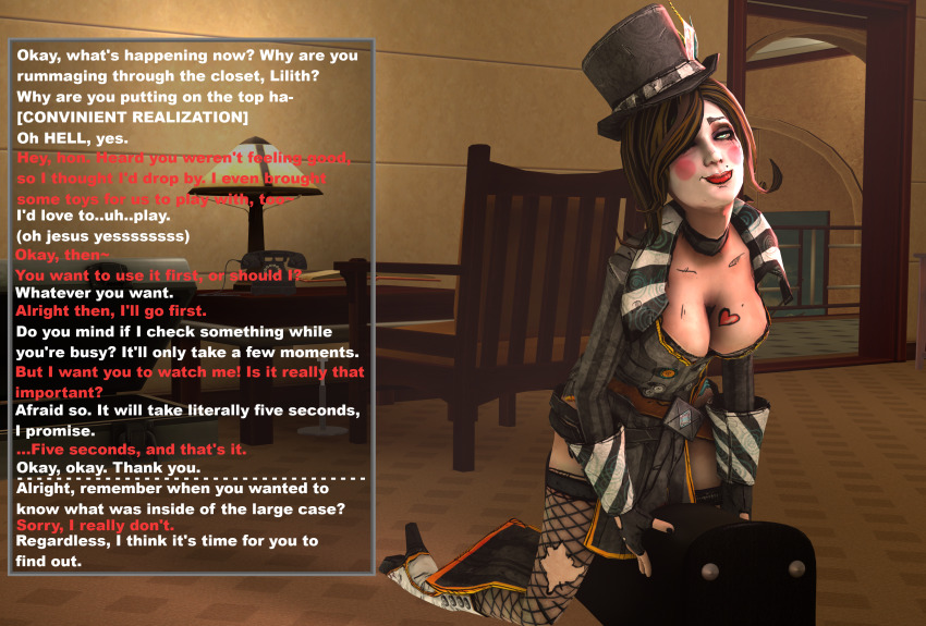 3d blush borderlands borderlands_(series) breasts caption caption_only cleavage dazed eye_roll femsub large_breasts looking_at_viewer mad_moxxi manip poser pov pov_dom ridley_(artist) short_hair sitting smile source_filmmaker tattoo text