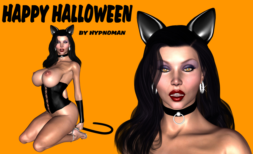 3d ass bare_shoulders black_hair blush breasts cleavage collar collarbone earrings erect_nipples expressionless fake_animal_ears female_only femsub halloween high_heels huge_breasts hypnoman jewelry kneeling lola_torres milf open_mouth orange_eyes original red_lipstick solo text thick_thighs