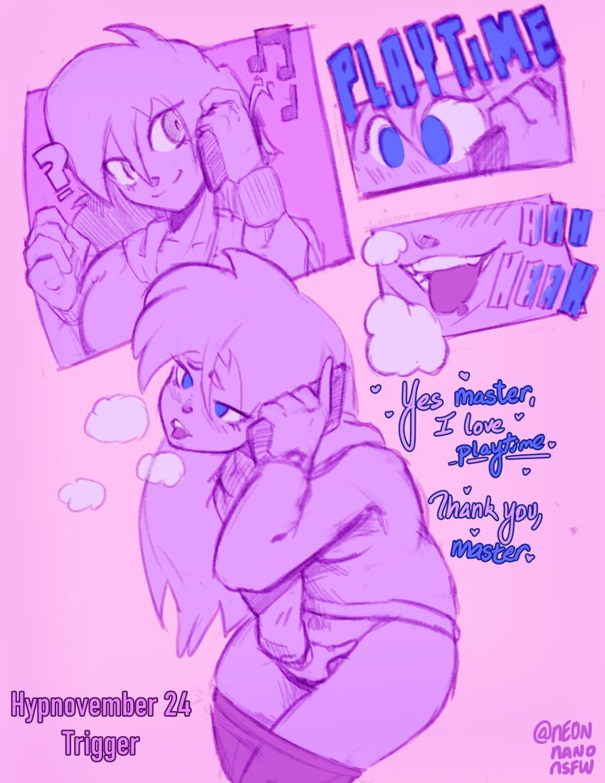 bangs before_and_after blue_eyes blush breath cell_phone comic covering dialogue empty_eyes female_only femsub happy_trance heart hypnovember long_hair masturbation neon-nano open_mouth original pants pink_background signature simple_background sketch smile sweater text tongue tongue_out trigger
