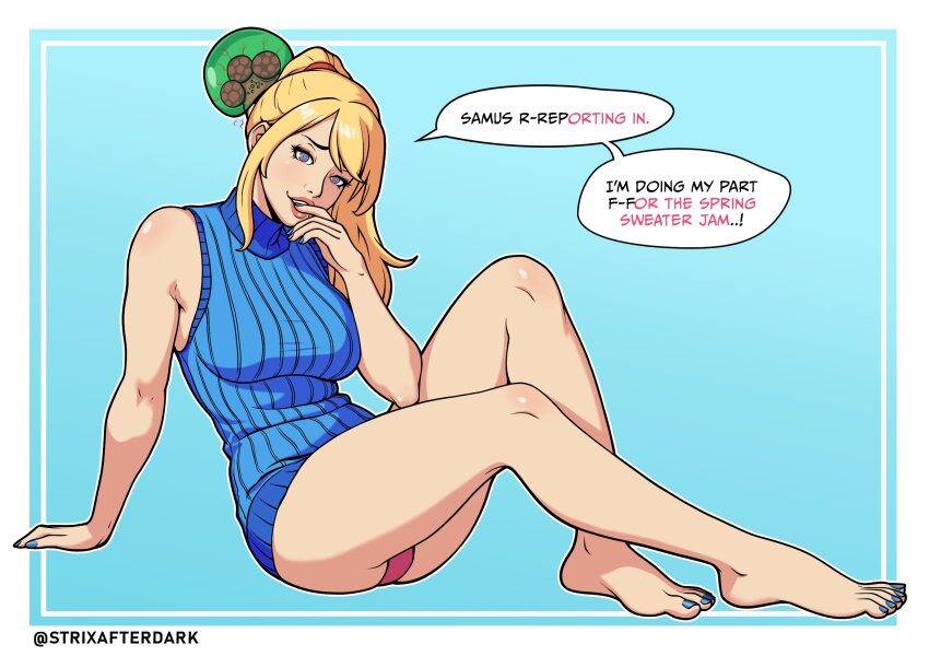 bare_legs barefoot blonde_hair dialogue female_only femsub finger_to_mouth long_hair metroid metroid_(series) nail_polish nintendo open_mouth panties parasite ponytail purple_eyes samus_aran signature simple_background sitting smile speech_bubble spiral_eyes strix sweater tagme text thick_thighs toenail_polish underwear