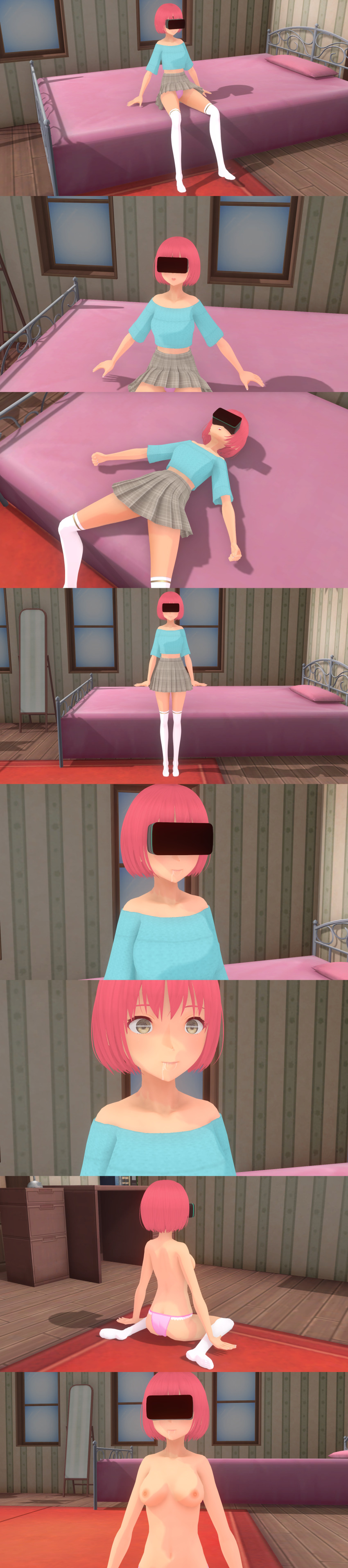 3d absurdres bangs breasts drool female_only femsub fushigiball light_skin midriff navel panties pink_hair skirt small_breasts spiral_eyes standing_at_attention tech_control underwear virtual_reality vroid yellow_eyes