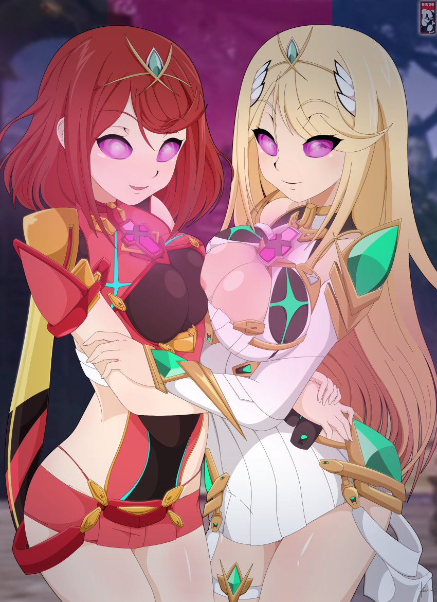 absurdres armor blonde_hair breast_press breasts bringyourownboobies female_only femsub fingerless_gloves gloves happy_trance large_breasts long_hair multiple_girls mythra_(xenoblade) nintendo open_mouth opera_gloves pyra_(xenoblade) red_hair short_hair sisters smile spiral_eyes symbol_in_eyes symmetrical_docking xenoblade_chronicles xenoblade_chronicles_2