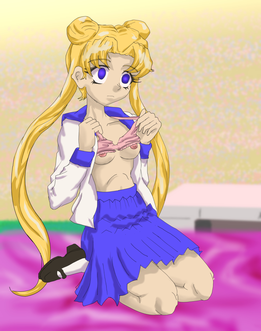 blonde_hair breasts empty_eyes expressionless female_only kneeling large_breasts malroth sailor_moon sailor_moon_(series) topless twintails underwear