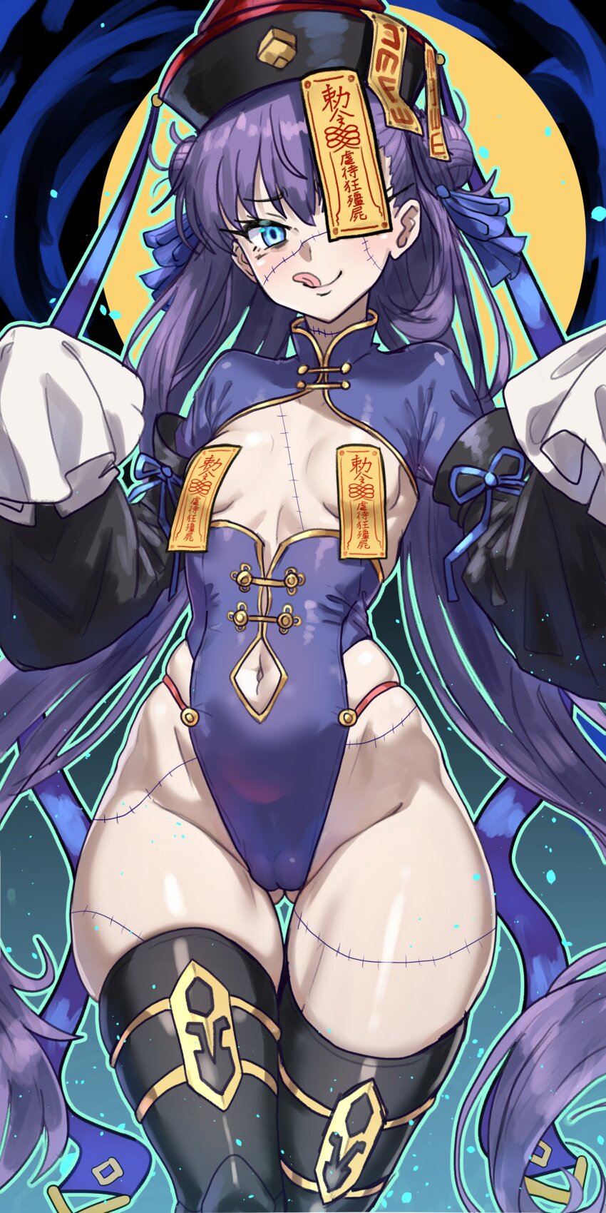 absurdres blue_eyes breasts clothed_exposure ebora eyelashes fate/extra fate/extra_ccc fate/grand_order fate_(series) femsub jiangshi licking_lips long_hair looking_at_viewer magic meltryllis navel purple_hair small_breasts solo talisman text thigh_gap thighs tongue_out undead_girl