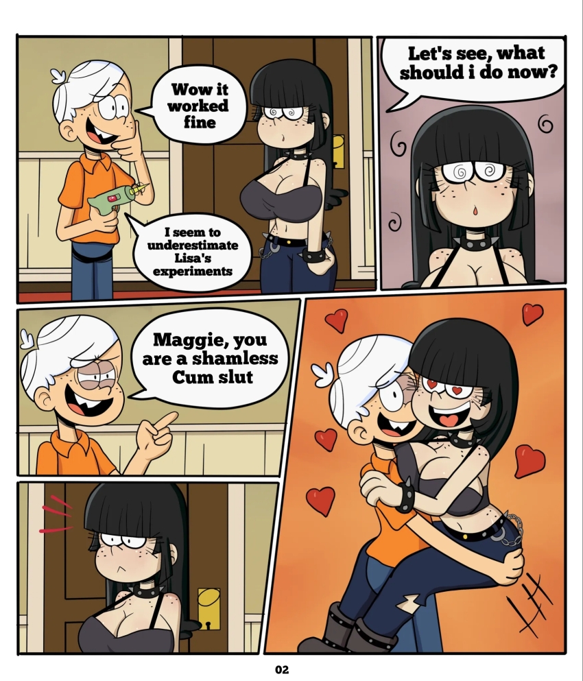 comic dialogue femsub happy_trance heart_eyes large_breasts lincoln_loud loud_house maggie_(loud_house) maledom nickelodeon pepemay93 sexuality_change spiral_eyes text