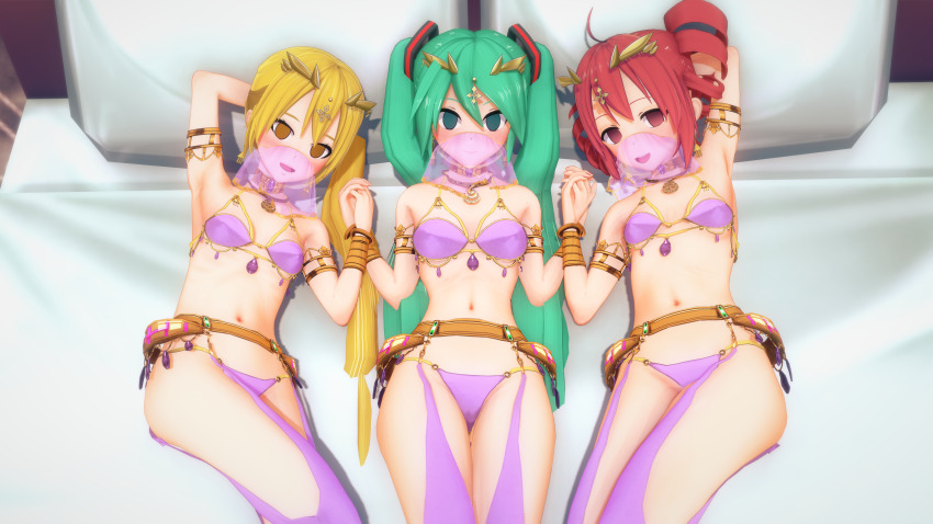 3d absurdres ahoge armpits arms_above_head bare_legs bare_shoulders bed blonde_hair blue_eyes blue_hair blush breasts drill_hair empty_eyes female_only femsub hair_ornament happy_trance harem_outfit holding_hands koikatsu! long_hair lying midriff miku_hatsune multiple_girls multiple_subs neru_akita on_back open_mouth pillow red_eyes red_hair shadow1333 side_ponytail small_breasts smile teto_kasane thighhighs twintails veil very_long_hair vocaloid yellow_eyes