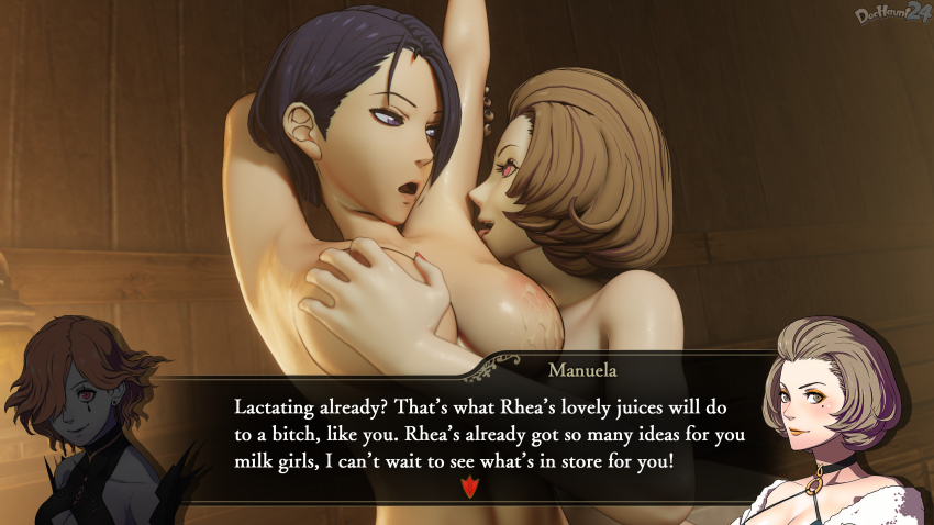 armpit_licking armpits breast_grab breasts dochaunt english_text femdom femsub fire_emblem fire_emblem_three_houses kronya_outfit lactation manuela_casagranda milk nintendo nipples shamir_nevrand text