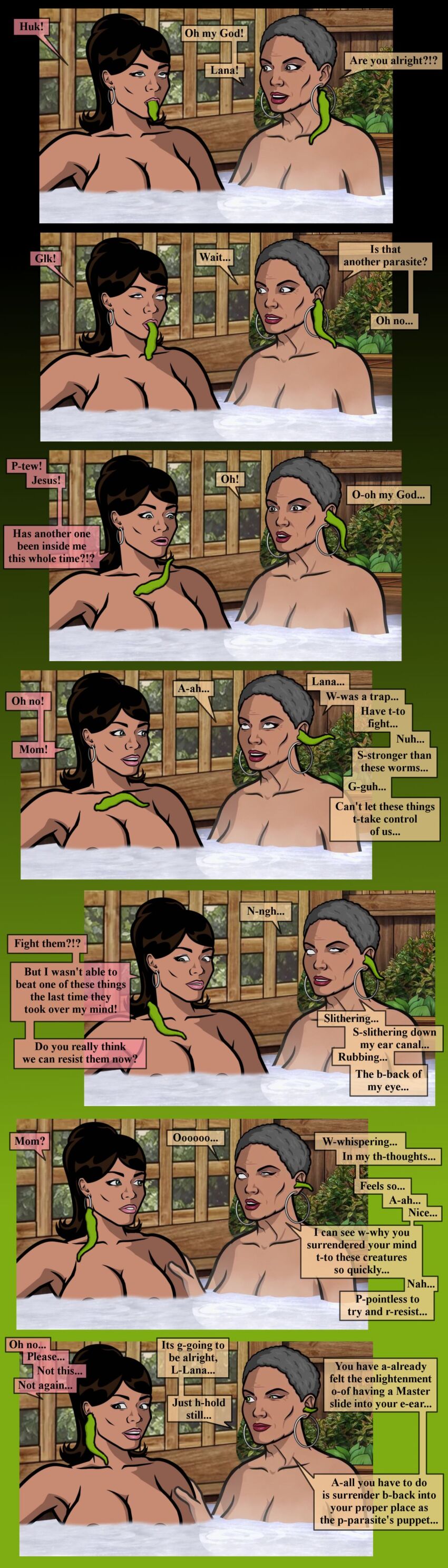 archer_(series) aware black_hair blue_eyes breasts brown_eyes claudette_kane dialogue earrings english_text eye_roll female_only femsub green_eyes grey_hair guyman806 lana_kane_(archer) milf mother_and_daughter multiple_girls nipples nude parasite resisting text worm
