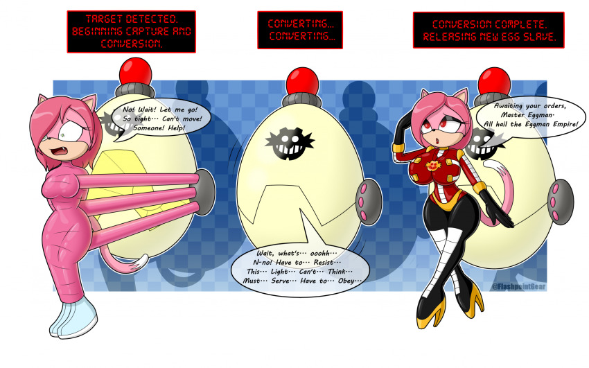 breast_expansion cat_girl dialogue enemy_conversion eyeshadow femsub flashpointgear furry gloves glowing_eyes high_heels large_breasts military_uniform original pink_hair red_eyes restrained saluting sequence short_hair sonic_the_hedgehog_(series) speech_bubble text uniform