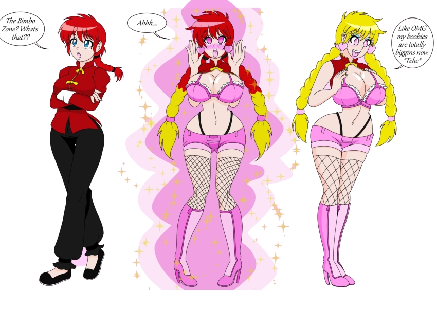 before_and_after bimbofication blonde_hair blue_eyes blush brain_drain breast_expansion breasts cleavage earrings empty_eyes female_only femsub fishnets high_heels jewelry kobi94 large_breasts lipstick long_hair martial_arts_uniform open_mouth pink_eyes ponytail ranma_1/2 ranma_saotome red_hair shorts text thong transformation