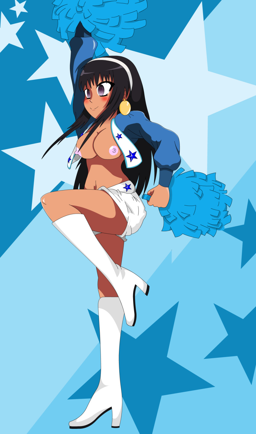 black_hair blush breasts breasts_outside cheerleader dark_skin disguised_hypnotist earrings empty_eyes female_only femsub happy_trance high_heels hunie_pop jewelry kyanna_delrio large_breasts long_hair navel open_clothes open_shirt skirt solo spiral_eyes symbol_in_eyes