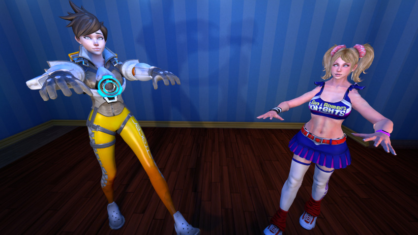 3d blonde_hair breasts brown_hair cheerleader female_only femsub hypnolordx juliet_starling large_breasts lollipop_chainsaw multiple_girls overwatch skirt sneakers spiral_eyes symbol_in_eyes tracer twintails zombie_walk