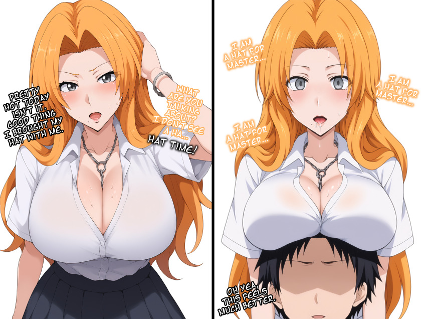 ai_art bangs before_and_after bleach blush bracelet cleavage collarbone comic drool empty_eyes expressionless faceless_male femsub grey_eyes hat head_in_breasts huge_breasts long_hair looking_at_viewer maledom manip mantra minimimic_(generator) minimimic_(manipper) mole open_mouth orange_hair rangiku_matsumoto school_uniform simple_background skirt smile stable_diffusion_(ai) sweat text trigger white_background