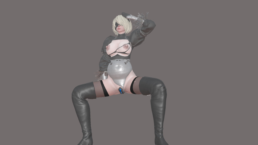 3d blindfold boots breasts erect_nipples expressionless female_only femsub gloves grey_background high_heels honey_select_2 large_breasts nier_automata pregnant saluting sex_toy short_hair simple_background solo spread_legs squatting tech_control thigh_boots thighhighs torn_clothes vibrator white_hair yanasegawa_chisato yorha_no._2_type_b