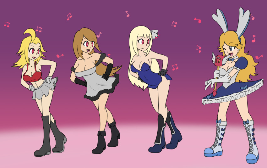 agnes_oblige bare_shoulders bimbofication blonde_hair blue_eyes boots bow bow_tie bravely_default breasts brown_hair bunny_ears cleavage dancing dress edea_lee female_only femdom femsub gloves gradient_background happy_trance heart_eyes hypnotic_music knee-high_boots long_hair magnolia_arch microphone midriff multiple_girls multiple_subs music mythkaz navel open_mouth praline_a_la_mode red_eyes short_skirt simple_background skirt smile square_enix symbol_in_eyes tight_clothing wink