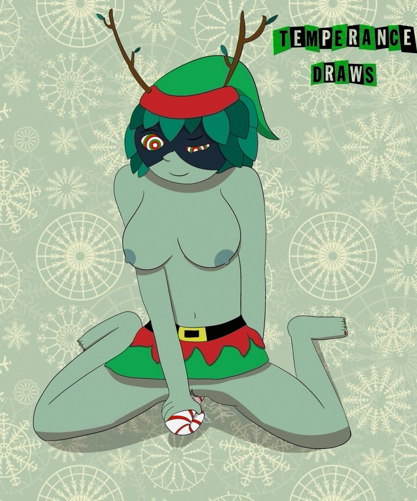 adventure_time bottomless breasts candy candy_cane cartoon_network christmas costume crotch_rub dildo femsub green_hair green_skin hat huntress_wizard improvised_dildo kneeling mask masturbation nude pussy pussy_juice ring_eyes sex_toy skirt smile spread_legs temperancedraws topless