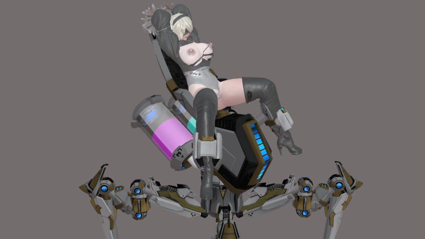 3d arms_above_head blindfold boots breasts chair clothed_exposure erect_nipples femsub grey_background headdress high_heels honey_select_2 large_breasts leotard nier_automata open_mouth restrained sex_machine short_hair simple_background sitting solo spread_legs thigh_boots thighhighs yanasegawa_chisato yorha_no._2_type_b