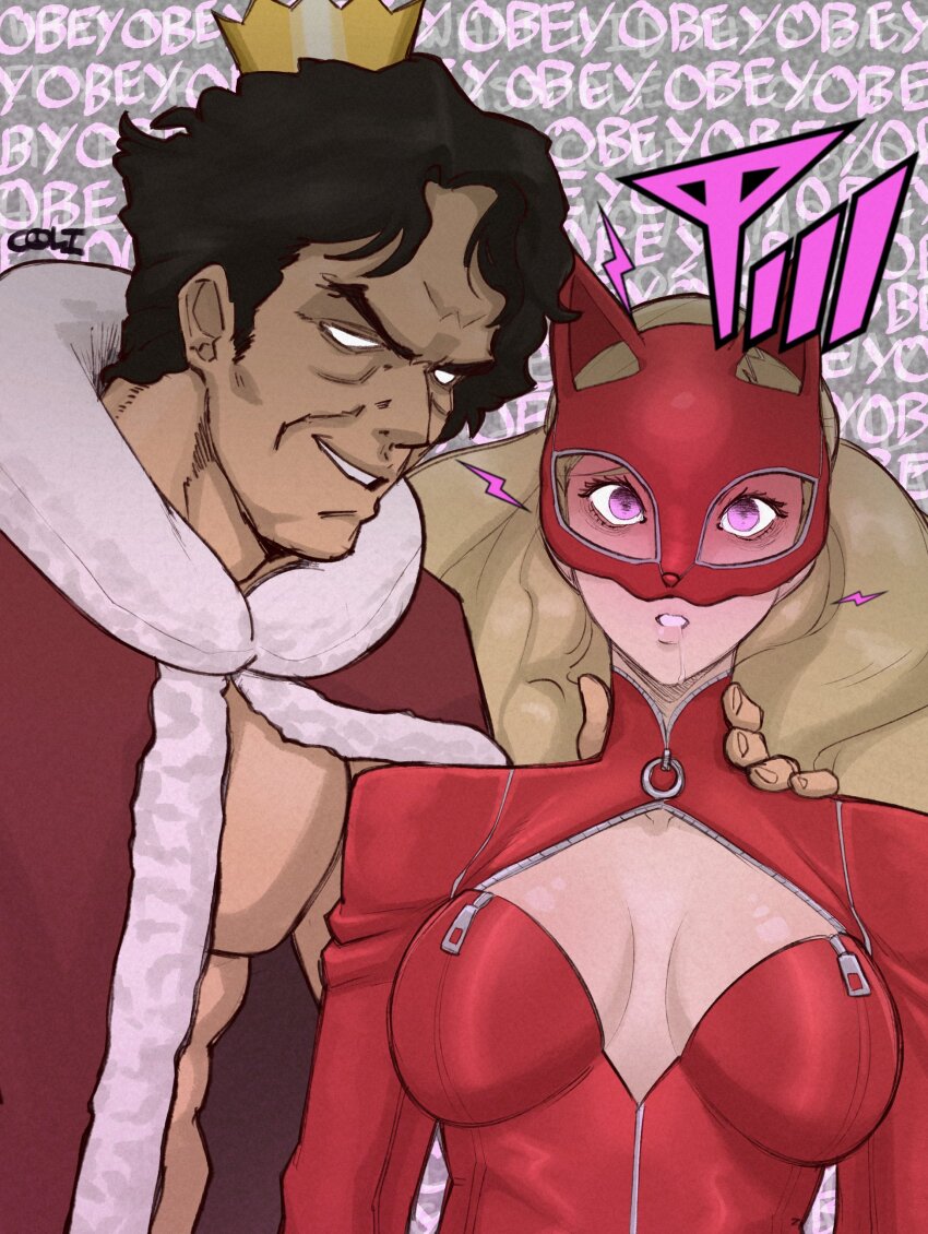age_difference ann_takamaki black_hair blonde_hair catsuit cleavage cleavage_cutout clothed coliboly control_indicator crown drool empty_eyes english_text expressionless femsub gameplay_mechanics maledom mantra mask persona_(series) persona_5 pink_eyes suguru_kamoshida teacher teacher_dom text white_eyes whitewash_eyes