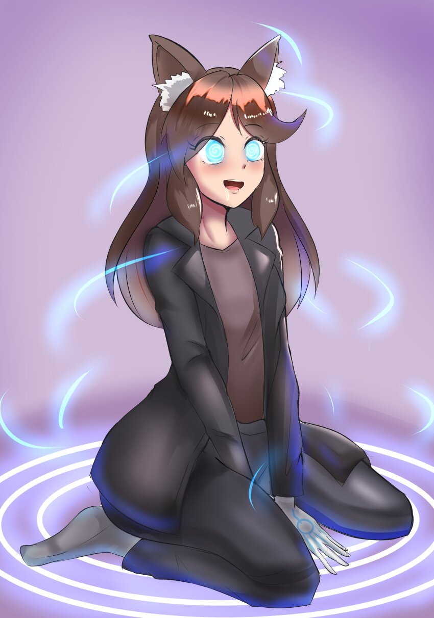 absurdres animal_ears blue_eyes brown_hair coat drool female_only femsub gloves glowing glowing_eyes gradient_background kaede_(skecchyartist) kneeling long_hair open_mouth original shirt simple_background smeef socks solo spiral_eyes symbol_in_eyes