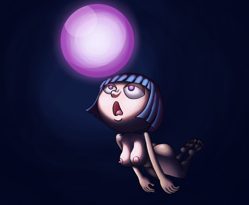 big_head black_hair bottomless breasts expressionless female_only femsub floating glowing glowing_eyes hypnoquestionmark hypnotic_orb nude open_mouth original purple_eyes short_hair solo topless