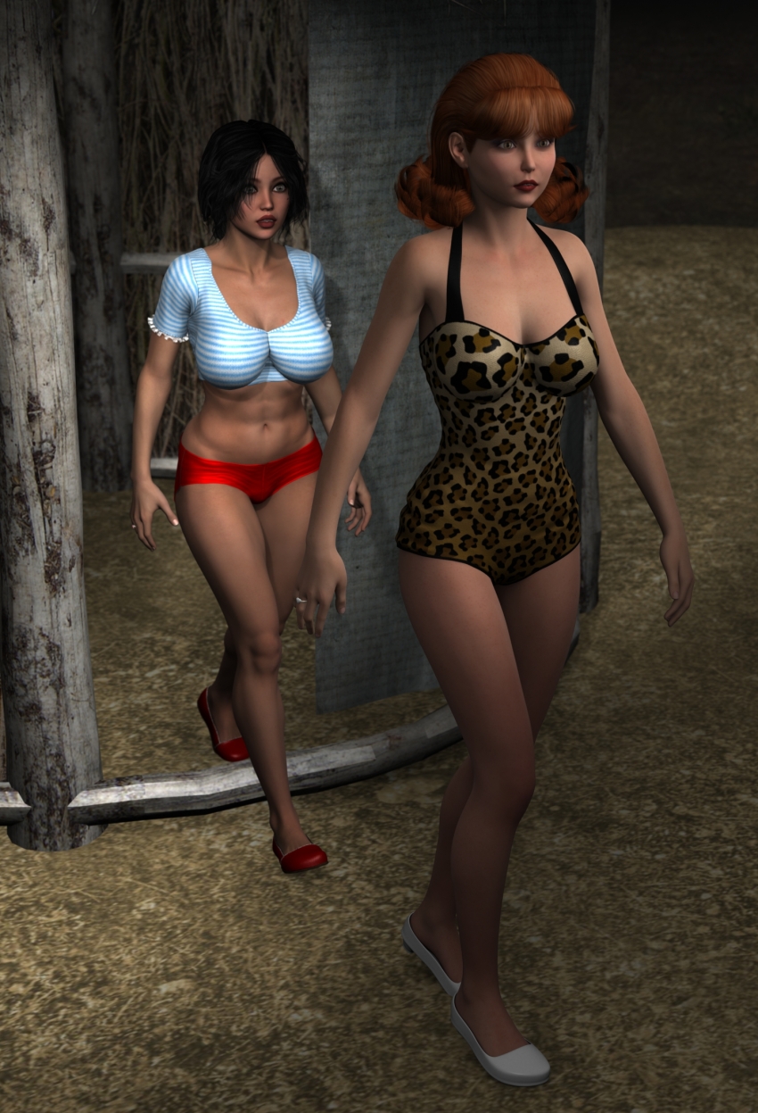 3d black_hair female_only femsub gilligan's_island ginger_grant hypnotic_accessory hypnotized_walking leopard_print mary_ann_summers member9 multiple_girls multiple_subs one-piece_swimsuit red_hair short_hair swimsuit