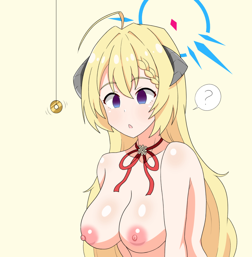 absurdres akari_wanibuchi blonde_hair blue_archive blue_eyes braid breasts confused deepwater empty_eyes female_only femsub halo horns nude open_mouth pendulum ribbon simple_background solo very_long_hair