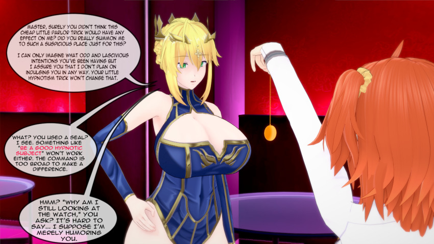 artoria_pendragon_(lancer) blonde_hair breasts cleavage eyebrows_visible_through_hair fate/grand_order fate_(series) female_only femdom green_eyes hand_on_hip huge_breasts lillytank_(positionist) lillytank_(writer) open_mouth orange_hair pendulum ritsuka_fujimaru sequence short_hair text unaware