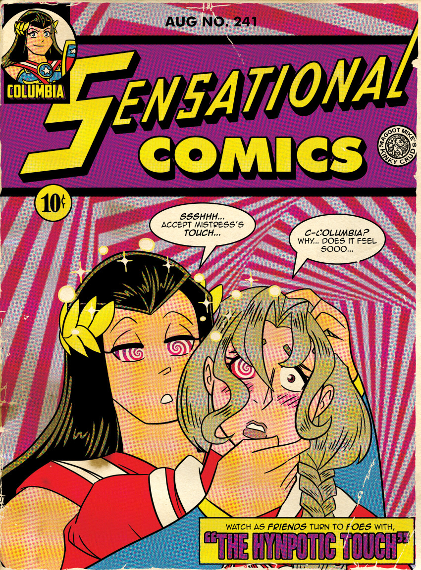 blonde_hair blush braid brown_eyes brown_hair cape columbia_(maggotmike) dialogue female_only femdom femsub hand_on_head heavy_eyelids hypnotized_dom hypnotized_hypnotist long_hair maggotmike original speech_bubble spiral_background spiralwash_eyes super_hero text unhappy_trance