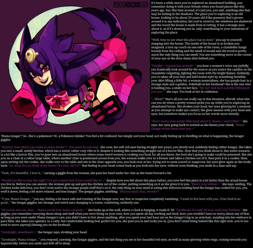 age_regression breasts caption caption_only drainedfoxy_(manipper) femdom gengar happy_trance hopebiscuit hypnotic_drug hypnotic_eyes hypnotic_food large_breasts looking_at_viewer manip mega_gengar nintendo personification pokemon pov pov_sub text