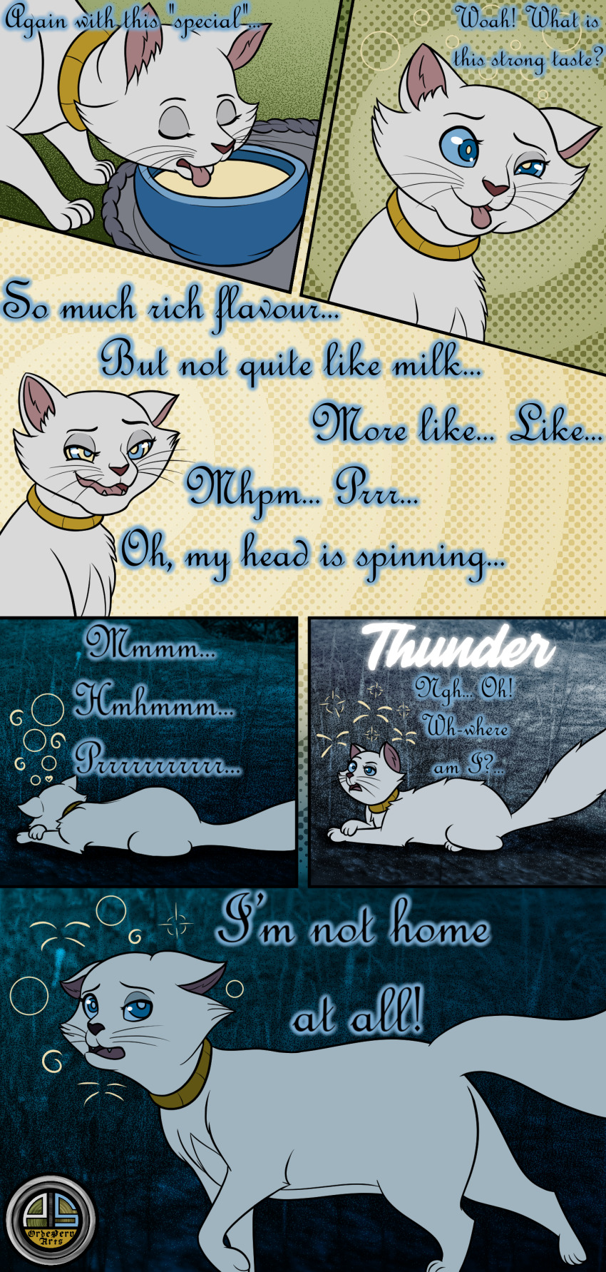absurdres animals_only aristocats before_and_after cat collar comic dazed disney drugged duchess_(aristocats) female_only femsub furry happy_trance hypnotic_drink hypnotic_drug kaa_eyes ordeper_arts solo text