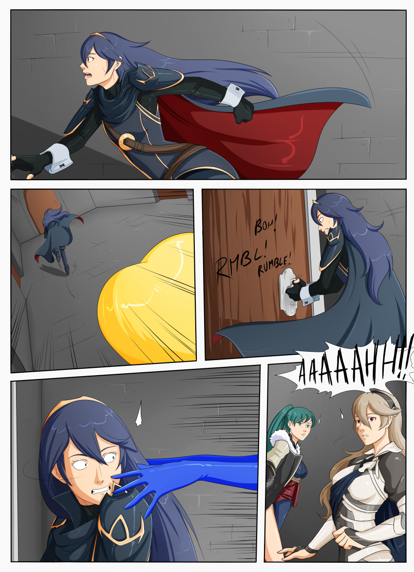 armor blonde_hair blue_hair cape comic corrin_(fire_emblem) dialogue female_only femdom femsub fingerless_gloves fire_emblem fire_emblem_awakening fire_emblem_fates fire_emblem_the_blazing_blade gloves green_hair grey_hair hair_band lucina lyndis metroid_(series) nintendo oo_sebastian_oo opera_gloves samus_aran shrunken_irises tagme text