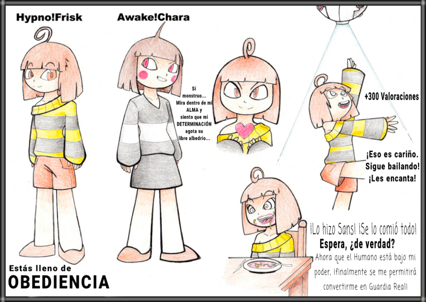 ahoge awake-san blush breasts brown_eyes brown_hair chara_(undertale) cheeks clothed dialogue disguised_hypnotist female_only femdom femsub food frisk_(undertale) happy_trance heart hypno-tan hypnotic_food hypnotic_light maledom mettaton open_mouth original papyrus_(undertale) red_eyes sans_(undertale) short_hair shorts skirt small_breasts smile spanish spiral_eyes straight-cut_bangs sweater symbol_in_eyes tagme tech_control text tongue undertale