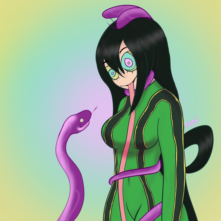bodysuit clothed femsub green_hair happy_trance hypnotic_eyes kaa_eyes long_tongue m00n_key my_hero_academia open_mouth signature simple_background snake solo standing tongue tongue_out tsuyu_asui very_long_hair