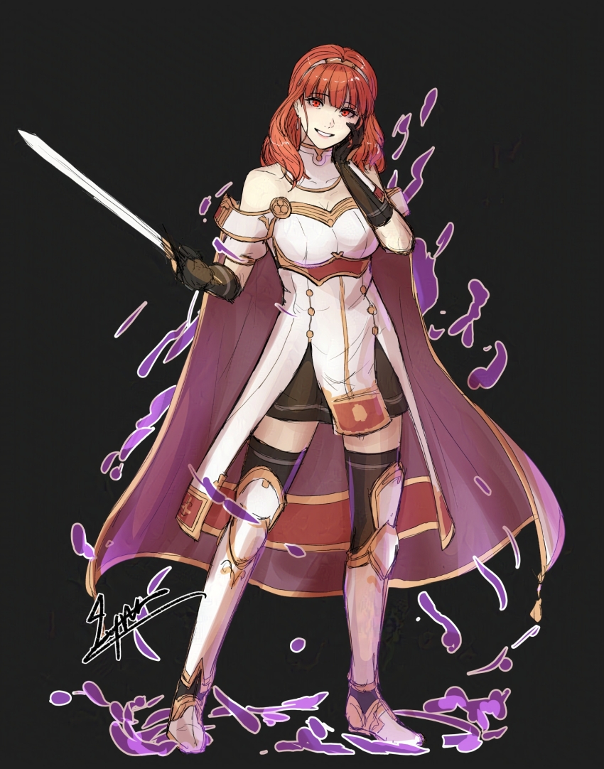 bare_shoulders black_background breasts celica_(fire_emblem) cm_lynarc corruption dress earrings fire_emblem fire_emblem_echoes fire_emblem_engage gloves jewelry looking_at_viewer nintendo orange_hair red_eyes smile solo sword thighhighs weapon