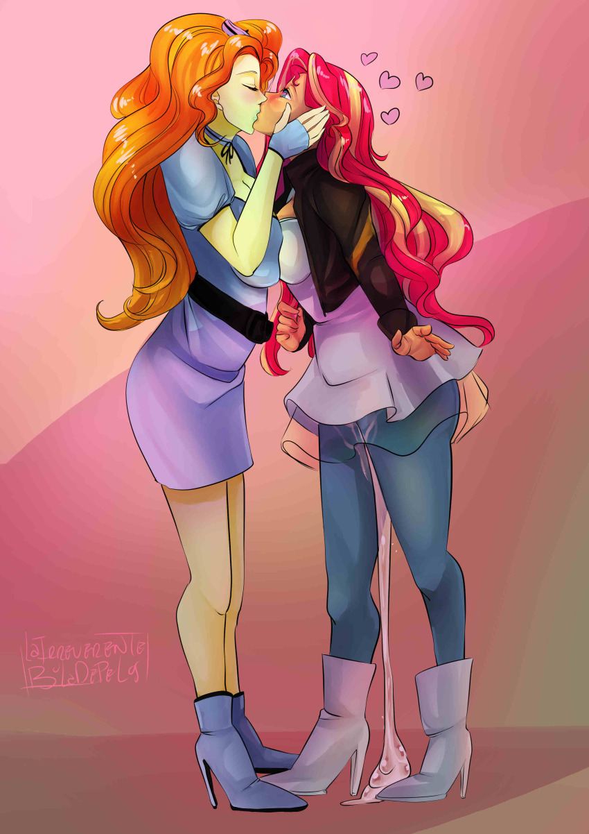 absurdres adagio_dazzle breast_press breasts clothed cum equestria_girls female_only femdom femsub heart heart_eyes high_heels hypnotic_kiss kissing lairreverenteboladepelos large_breasts long_hair my_little_pony red_hair story sunset_shimmer symbol_in_eyes symmetrical_docking yuri
