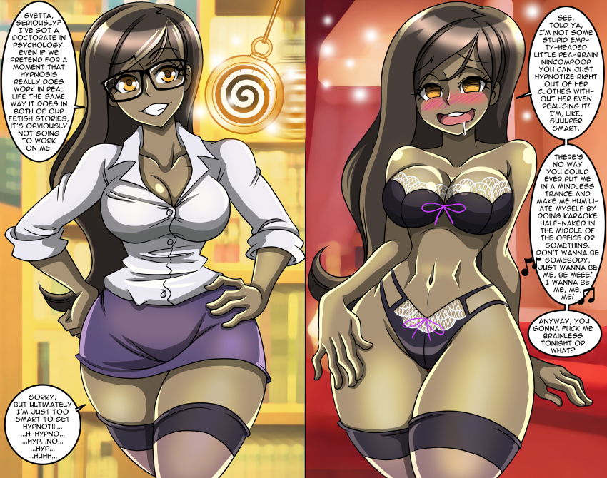 absurdres before_and_after blush breasts brown_hair cleavage dark_skin denial dress_shirt drool empty_eyes female_only femdom femsub glasses hand_on_hip happy_trance hourglass_figure large_breasts large_hips lingerie long_hair miniskirt naz_(maurislave) open_mouth original pendulum pocket_watch smile standing text thighhighs thighs unaware yellow_eyes zorro-zero