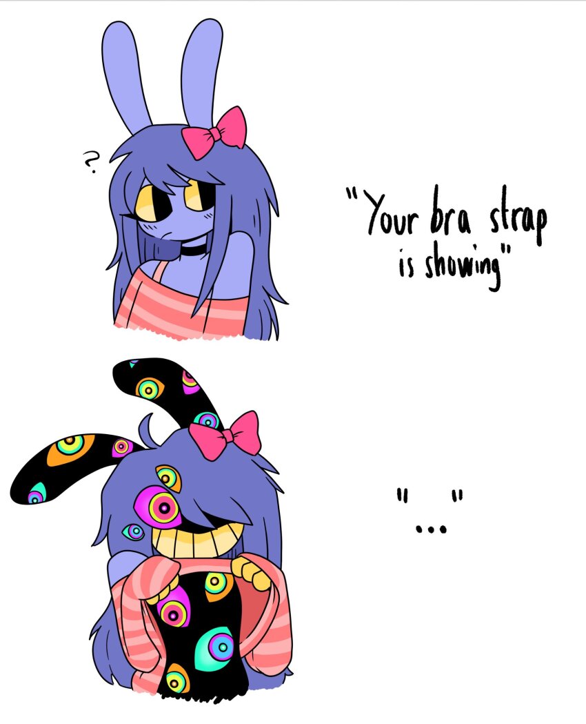 abstraction_(the_amazing_digital_circus) animal_ears black_eyes bow_tie bunny_ears bunny_girl choker corruption dialogue english_text femsub furry jax_(the_amazing_digital_circus) long_hair meme multiple_eyes purple_hair shirt_lift simple_background smile text the_amazing_digital_circus transfem transgender_identity white_background wrenzephyr2