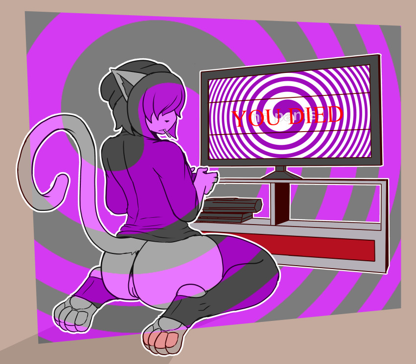 absurdres ass barefoot black_hair bottomless cat_girl cigarette feet furry hair_covering_both_eyes hat hypnotic_screen kneeling manip may_(the_man) non-human_feet oveiledone_(manipper) paws playstation purple_background pussy simple_background source_request spiral spiral_background subliminal tagme the_man_(artist) thighhighs video_game