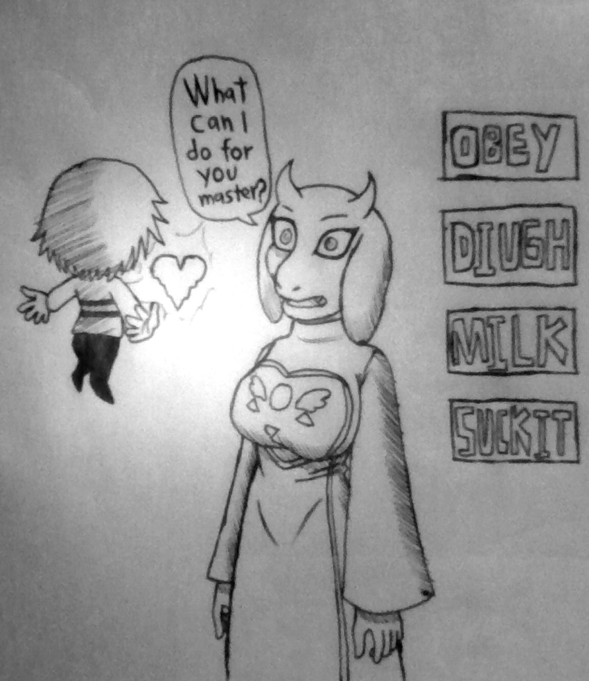 breasts dialogue doudile expressionless femsub frisk_(undertale) furry goat_girl heart horns large_breasts maledom open_mouth shota spiral_eyes standing standing_at_attention symbol_in_eyes text toriel_dreemurr traditional undertale